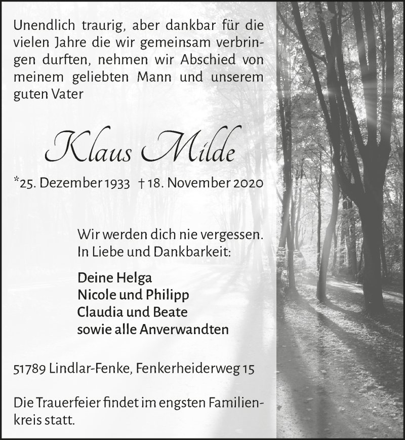  Traueranzeige für Klaus Milde vom 27.11.2020 aus  Anzeigen Echo 