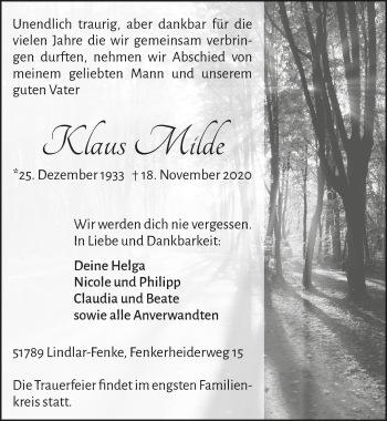 Anzeige von Klaus Milde von  Anzeigen Echo 