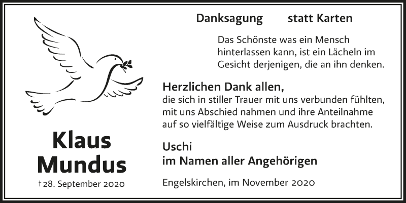  Traueranzeige für Klaus Mundus vom 13.11.2020 aus  Anzeigen Echo 