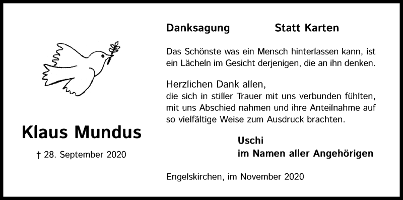  Traueranzeige für Klaus Mundus vom 14.11.2020 aus Kölner Stadt-Anzeiger / Kölnische Rundschau / Express
