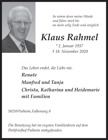 Anzeige von Klaus Rahmel von  Wochenende 