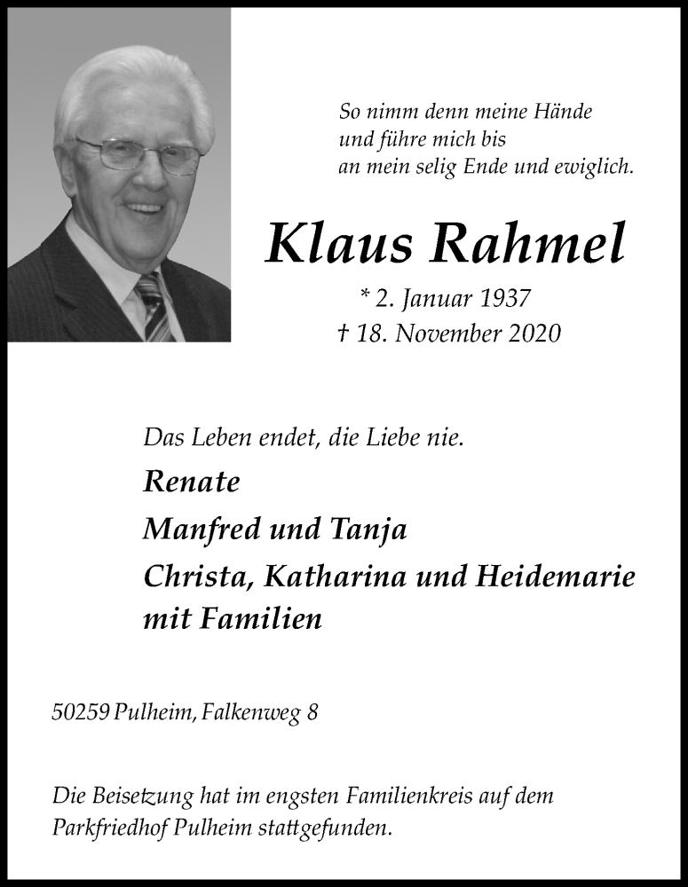  Traueranzeige für Klaus Rahmel vom 28.11.2020 aus Kölner Stadt-Anzeiger / Kölnische Rundschau / Express