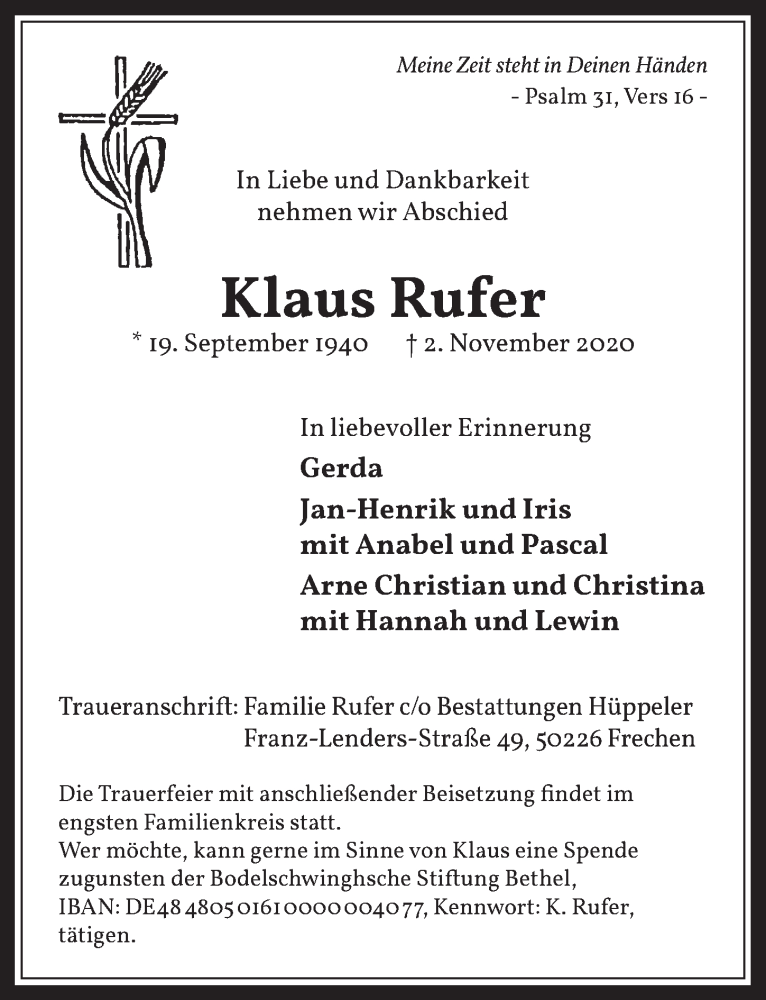  Traueranzeige für Klaus Rufer vom 06.11.2020 aus  Wochenende 