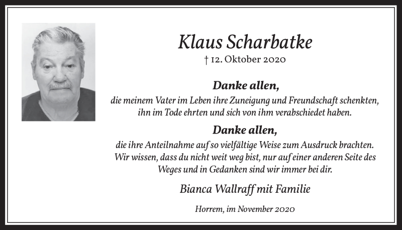  Traueranzeige für Klaus Scharbatke vom 06.11.2020 aus  Werbepost 