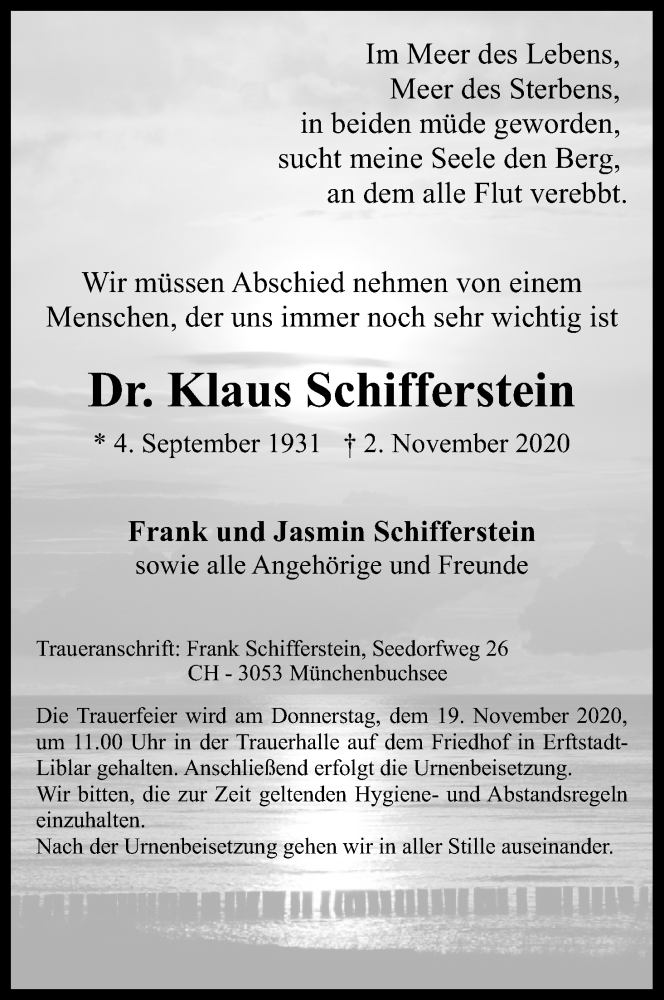  Traueranzeige für Klaus Schifferstein vom 14.11.2020 aus Kölner Stadt-Anzeiger / Kölnische Rundschau / Express