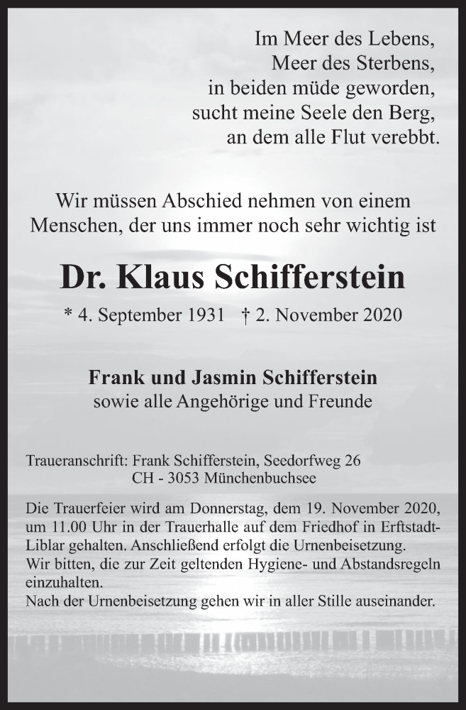  Traueranzeige für Klaus Schifferstein vom 13.11.2020 aus  Werbepost 