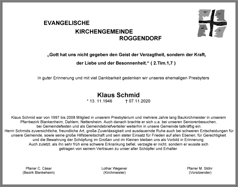  Traueranzeige für Klaus Schmid vom 21.11.2020 aus  Blickpunkt Euskirchen 