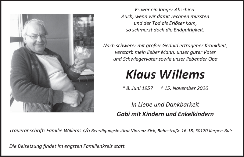  Traueranzeige für Klaus Willems vom 20.11.2020 aus  Werbepost 