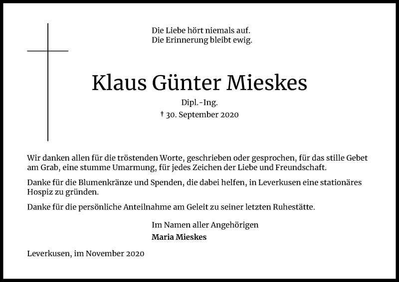  Traueranzeige für Klaus Günter Mieskes vom 21.11.2020 aus Kölner Stadt-Anzeiger / Kölnische Rundschau / Express