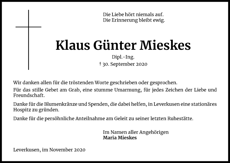  Traueranzeige für Klaus Günter Mieskes vom 14.11.2020 aus Kölner Stadt-Anzeiger / Kölnische Rundschau / Express