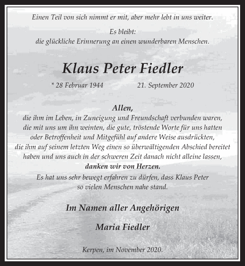  Traueranzeige für Klaus Peter Fiedler vom 06.11.2020 aus  Werbepost 
