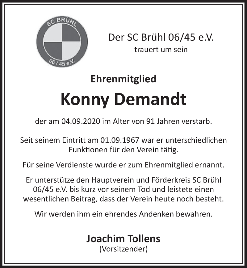  Traueranzeige für Konny Demandt vom 13.11.2020 aus  Schlossbote/Werbekurier 