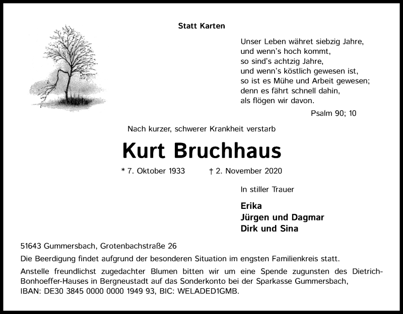  Traueranzeige für Kurt Bruchhaus vom 07.11.2020 aus Kölner Stadt-Anzeiger / Kölnische Rundschau / Express