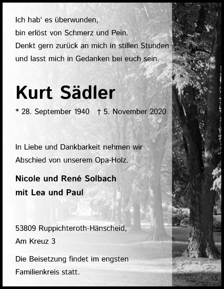  Traueranzeige für Kurt Sädler vom 07.11.2020 aus Kölner Stadt-Anzeiger / Kölnische Rundschau / Express