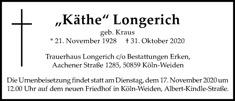  Traueranzeige für Käthe Longerich vom 14.11.2020 aus Kölner Stadt-Anzeiger / Kölnische Rundschau / Express