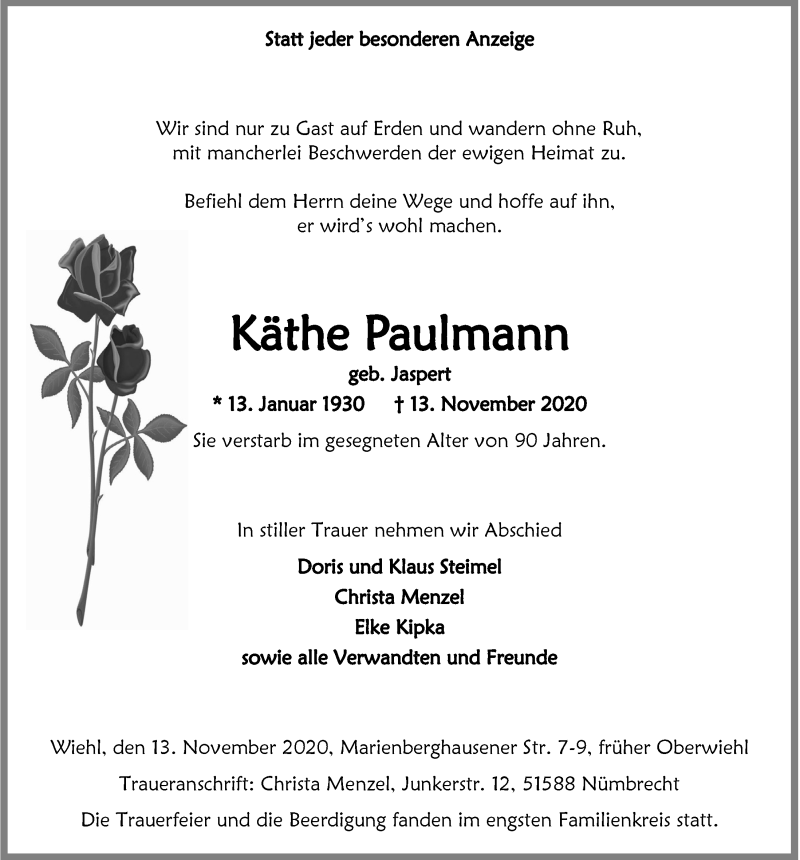  Traueranzeige für Käthe Paulmann vom 20.11.2020 aus  Anzeigen Echo  Lokalanzeiger 
