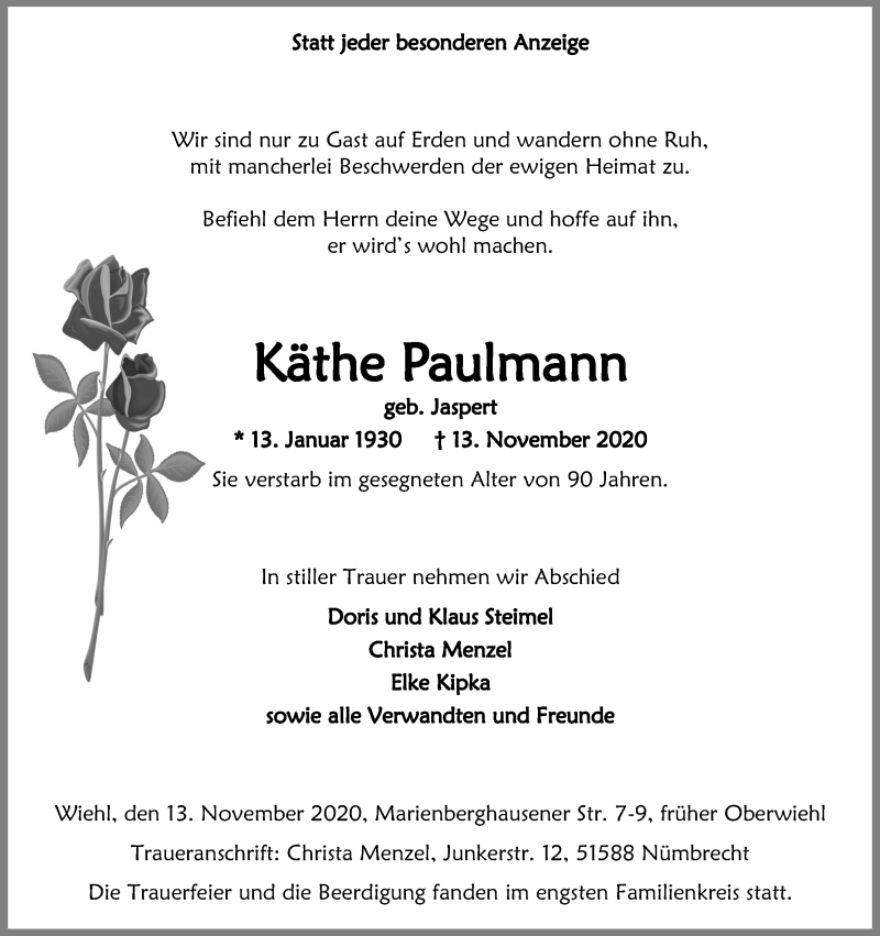  Traueranzeige für Käthe Paulmann vom 21.11.2020 aus Kölner Stadt-Anzeiger / Kölnische Rundschau / Express