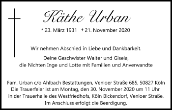 Anzeige von Käthe Urban von Kölner Stadt-Anzeiger / Kölnische Rundschau / Express
