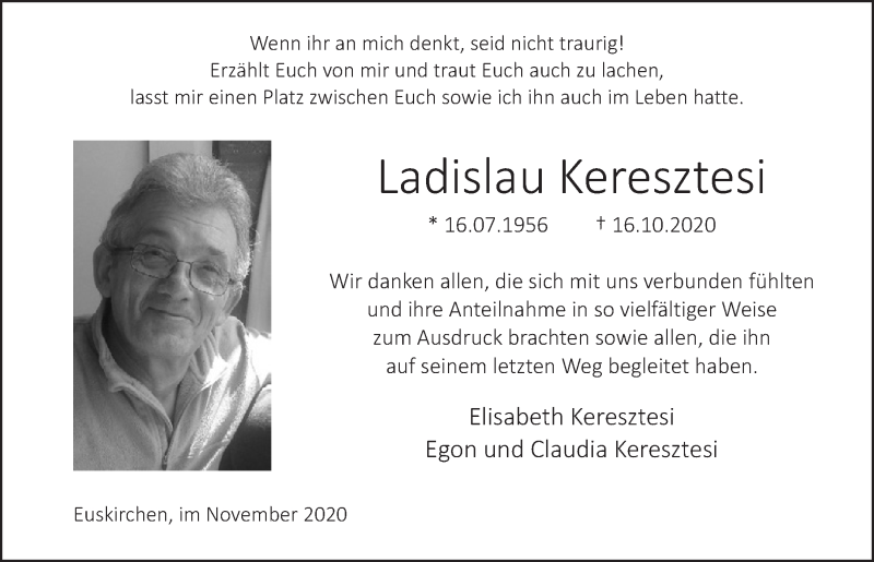  Traueranzeige für Ladislau Keresztesi vom 14.11.2020 aus  Blickpunkt Euskirchen 