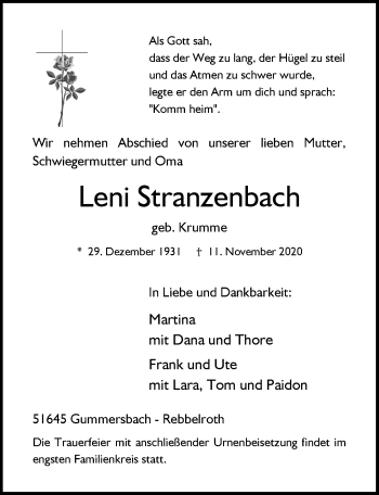 Anzeige von Leni Stranzenbach von  Anzeigen Echo 
