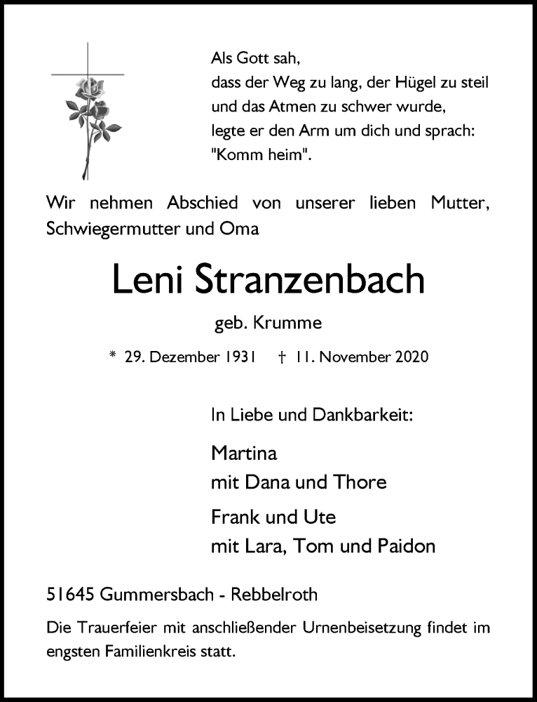  Traueranzeige für Leni Stranzenbach vom 20.11.2020 aus  Anzeigen Echo 