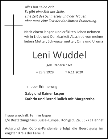 Anzeige von Leni Wuddel von Kölner Stadt-Anzeiger / Kölnische Rundschau / Express