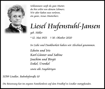 Anzeige von Liesel Hufenstuhl-Jansen von Kölner Stadt-Anzeiger / Kölnische Rundschau / Express