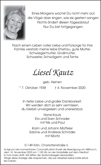 Anzeige von Liesel Kautz von  Kölner Wochenspiegel 