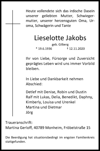 Anzeige von Lieselotte Jakobs von Kölner Stadt-Anzeiger / Kölnische Rundschau / Express