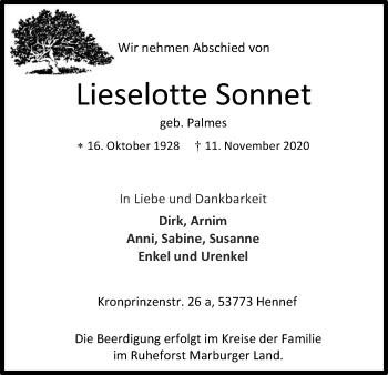 Anzeige von Lieselotte Sonnet von Kölner Stadt-Anzeiger / Kölnische Rundschau / Express