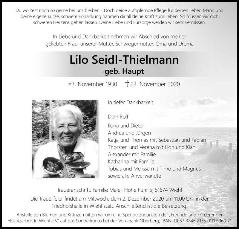  Traueranzeige für Lilo Seidl-Thielmann vom 28.11.2020 aus Kölner Stadt-Anzeiger / Kölnische Rundschau / Express