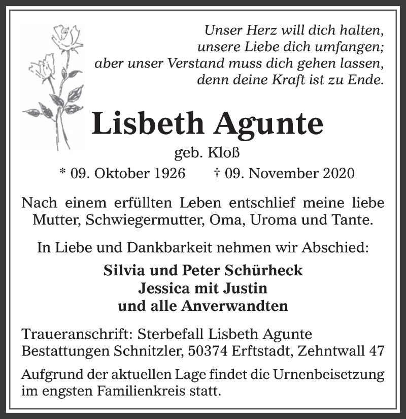  Traueranzeige für Lisbeth Agunte vom 13.11.2020 aus  Werbepost 