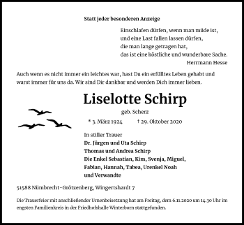 Anzeige von Liselotte Schirp von Kölner Stadt-Anzeiger / Kölnische Rundschau / Express
