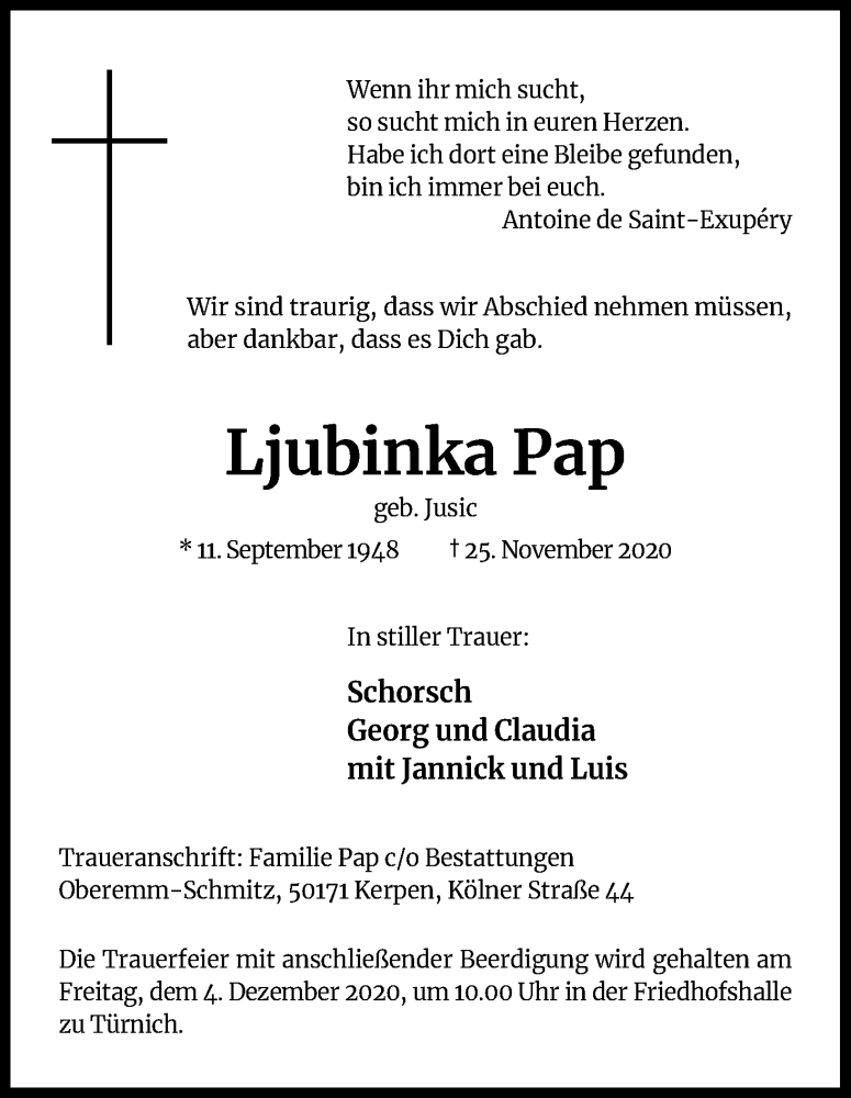  Traueranzeige für Ljubinka Pap vom 28.11.2020 aus Kölner Stadt-Anzeiger / Kölnische Rundschau / Express