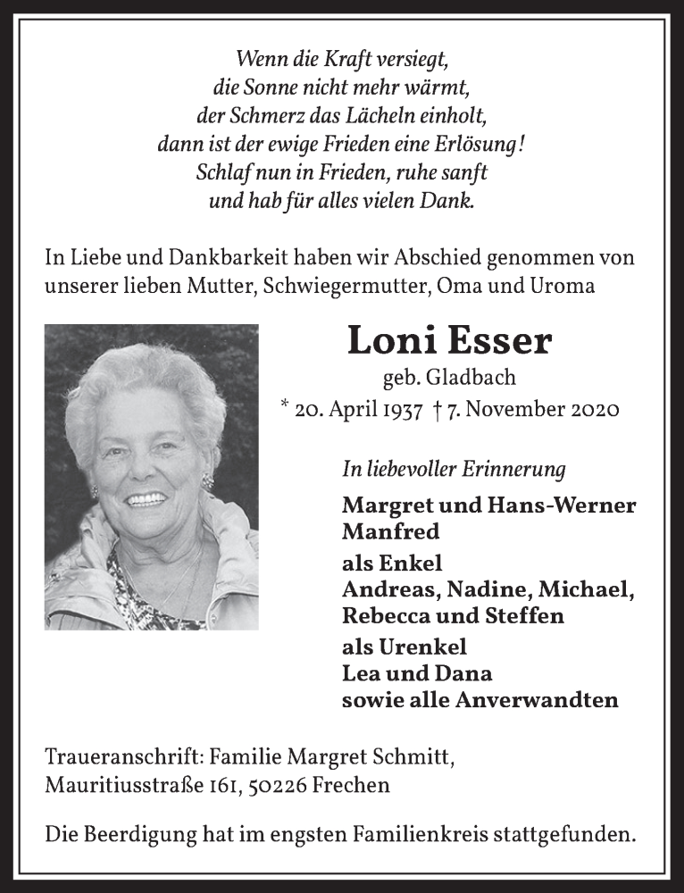  Traueranzeige für Loni Esser vom 13.11.2020 aus  Wochenende 