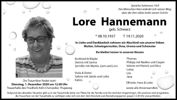 Anzeige von Lore Hannemann von Kölner Stadt-Anzeiger / Kölnische Rundschau / Express