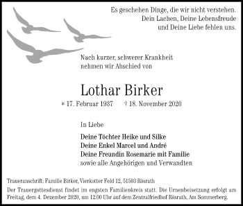 Anzeige von Lothar Birker von Kölner Stadt-Anzeiger / Kölnische Rundschau / Express
