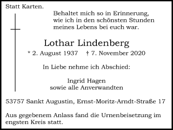 Anzeige von Lothar Lindenberg von Kölner Stadt-Anzeiger / Kölnische Rundschau / Express