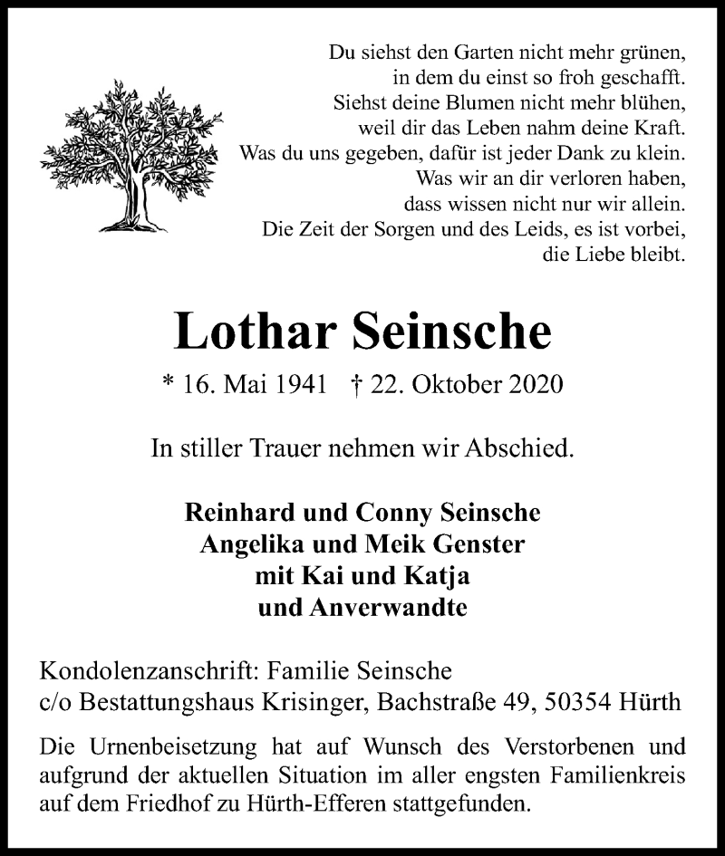  Traueranzeige für Lothar Seinsche vom 14.11.2020 aus Kölner Stadt-Anzeiger / Kölnische Rundschau / Express