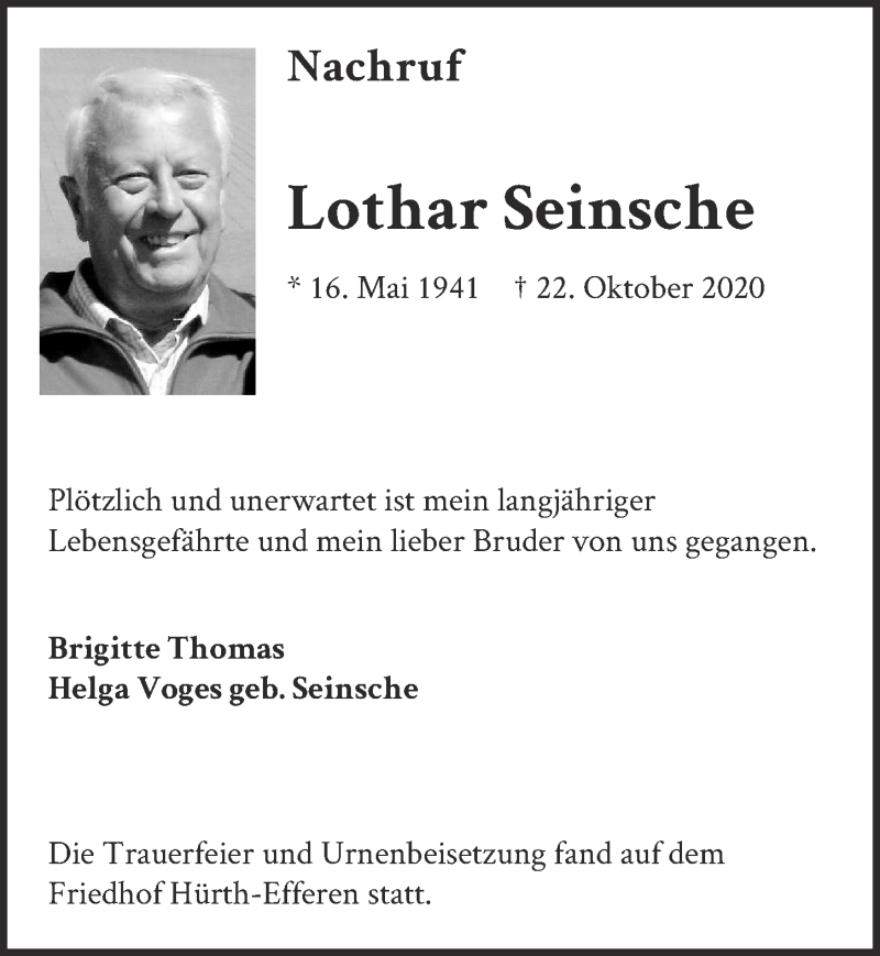  Traueranzeige für Lothar Seinsche vom 20.11.2020 aus  Wochenende 