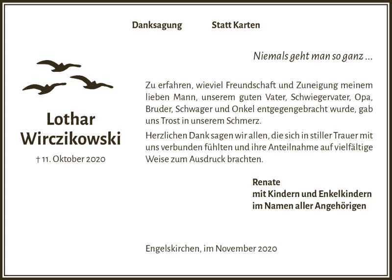  Traueranzeige für Lothar Wirczikowski vom 27.11.2020 aus  Anzeigen Echo 
