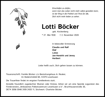 Anzeige von Lotti Böcker von Kölner Stadt-Anzeiger / Kölnische Rundschau / Express