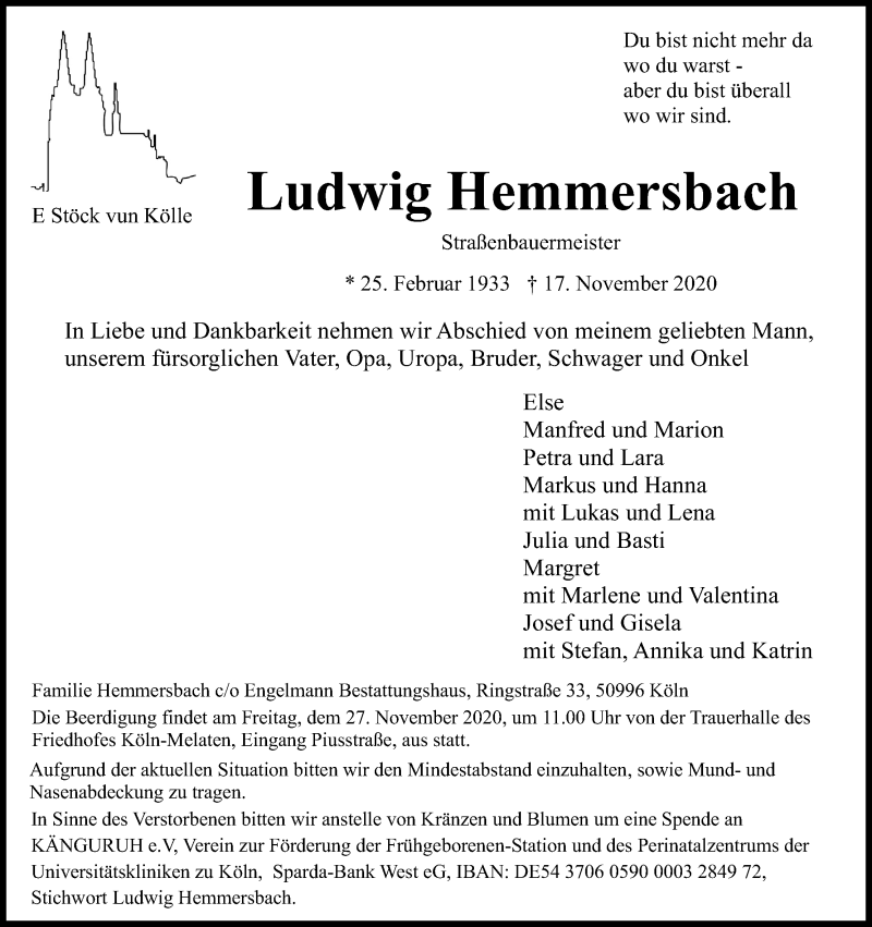  Traueranzeige für Ludwig Hemmersbach vom 21.11.2020 aus Kölner Stadt-Anzeiger / Kölnische Rundschau / Express