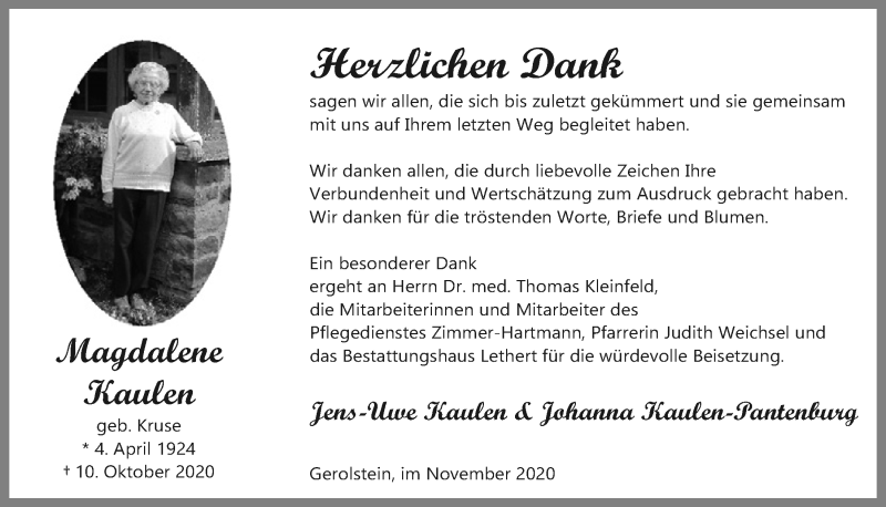  Traueranzeige für Magdalene Kaulen vom 21.11.2020 aus  Blickpunkt Euskirchen 