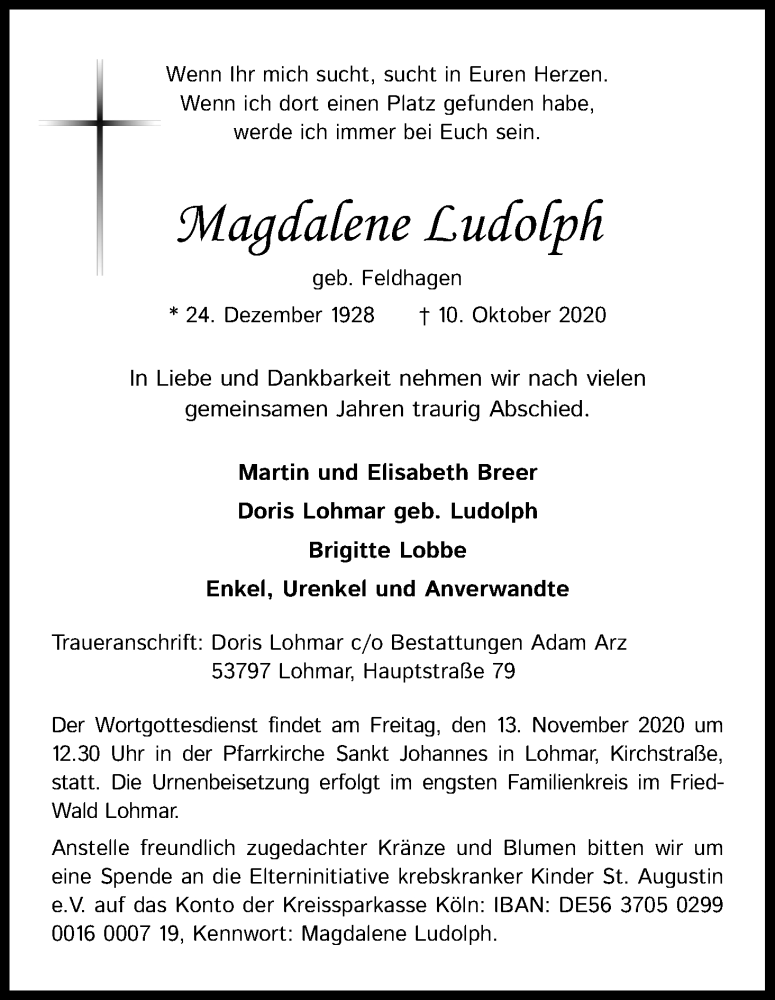  Traueranzeige für Magdalene Ludolph vom 07.11.2020 aus Kölner Stadt-Anzeiger / Kölnische Rundschau / Express