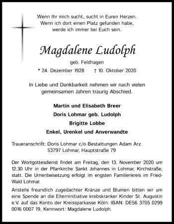 Anzeige von Magdalene Ludolph von Kölner Stadt-Anzeiger / Kölnische Rundschau / Express