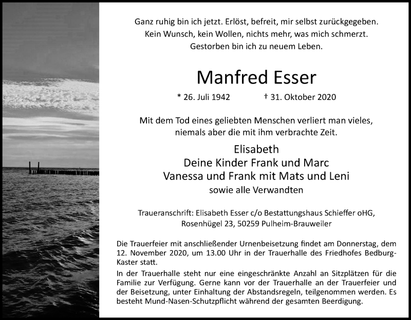  Traueranzeige für Manfred Esser vom 07.11.2020 aus Kölner Stadt-Anzeiger / Kölnische Rundschau / Express