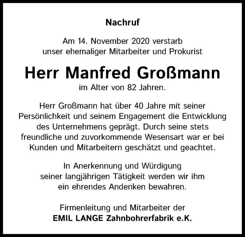  Traueranzeige für Manfred Großmann vom 20.11.2020 aus Kölner Stadt-Anzeiger / Kölnische Rundschau / Express