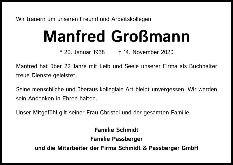  Traueranzeige für Manfred Großmann vom 21.11.2020 aus Kölner Stadt-Anzeiger / Kölnische Rundschau / Express