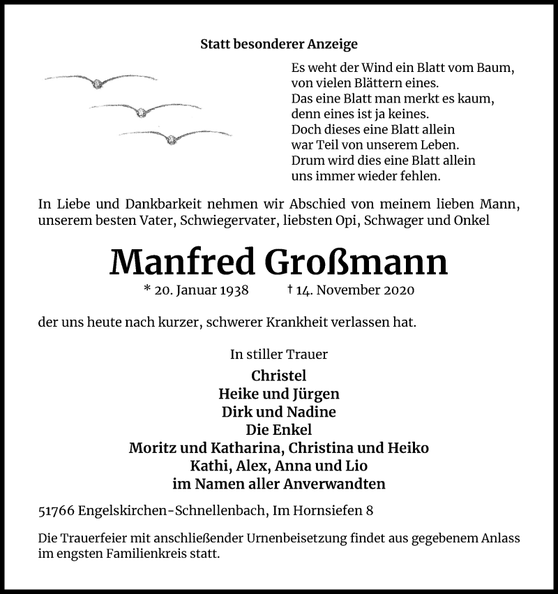  Traueranzeige für Manfred Großmann vom 21.11.2020 aus Kölner Stadt-Anzeiger / Kölnische Rundschau / Express